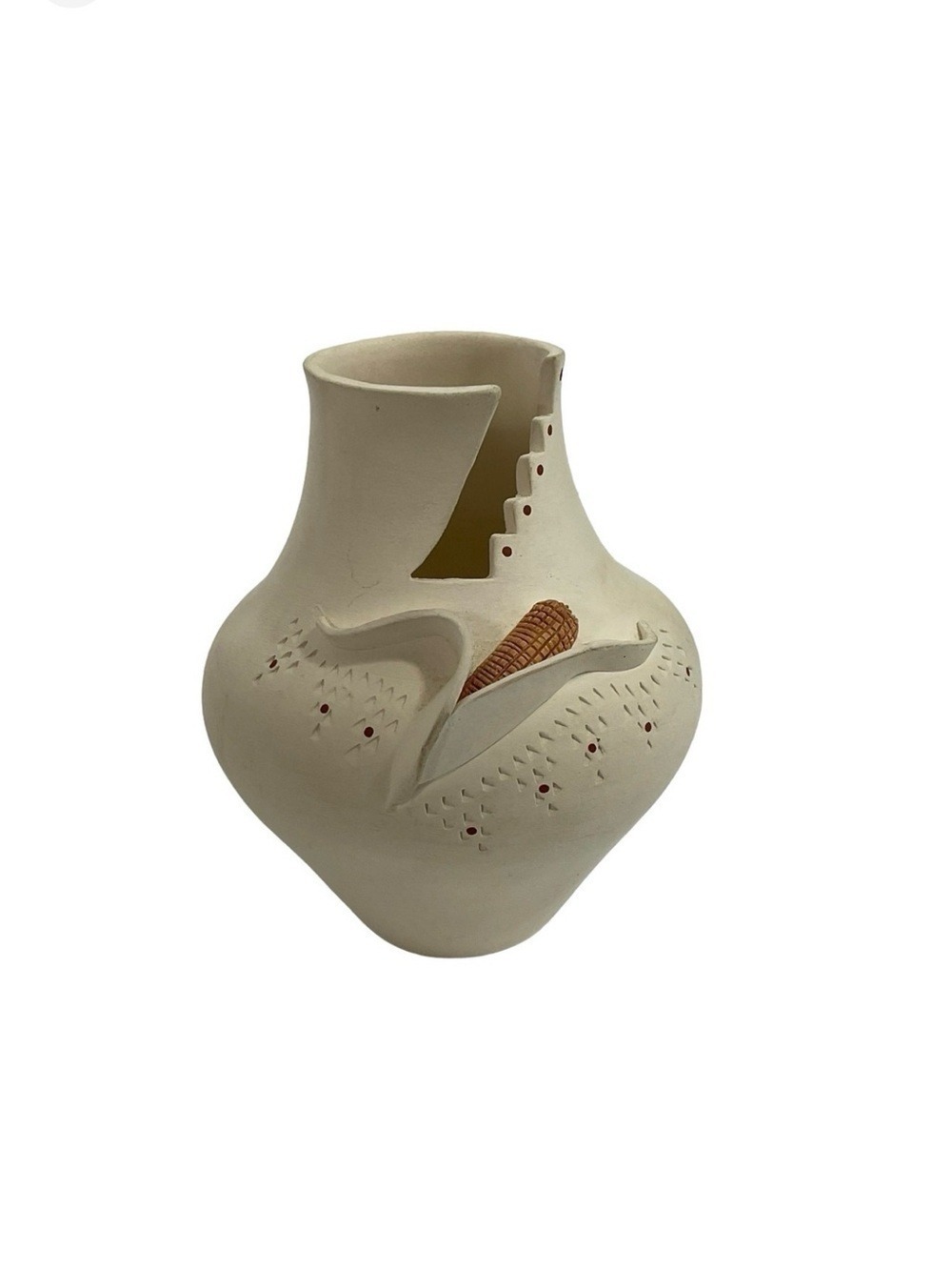 Handcrafted ZeSun Rise White Ceramic Vase with Corn Motif  Stepped Design Signed